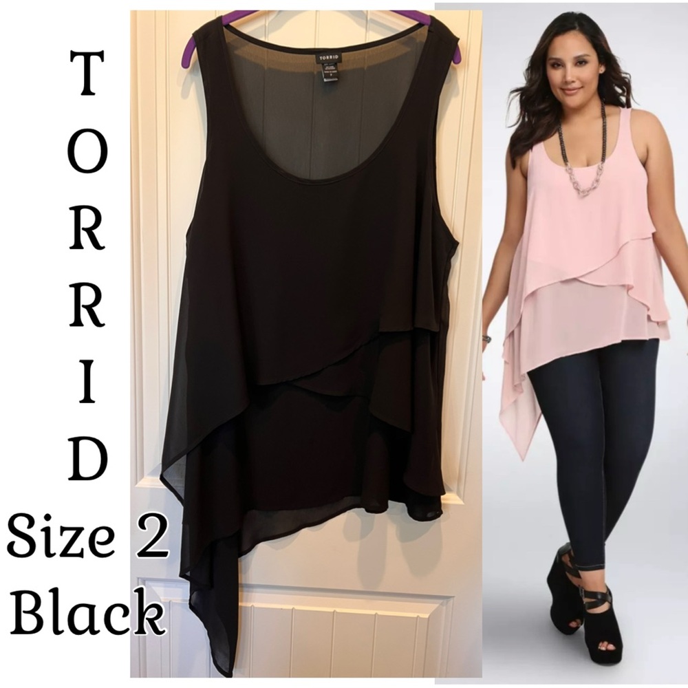 Torrid Black Asymmetrical ruffle tiered top Size 2